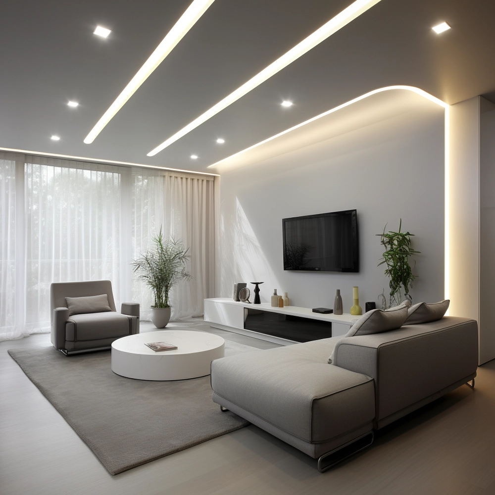 Белый потолок со световыми линиями