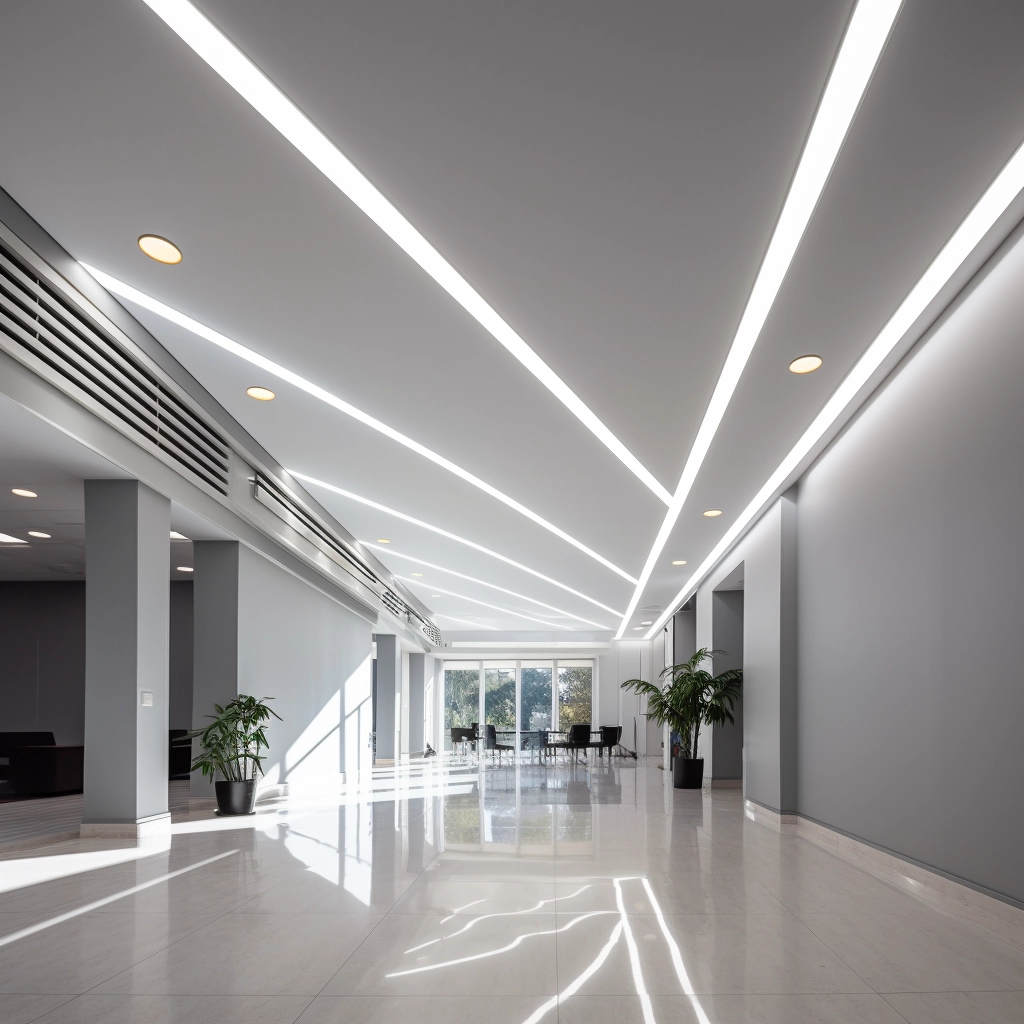 Белый потолок со световыми линиями