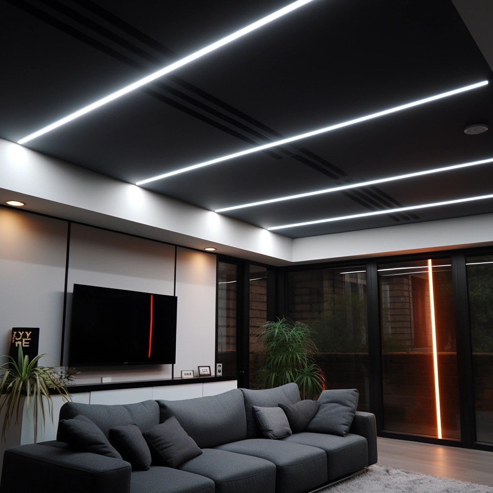 Черно-белый потолок со световыми линиями