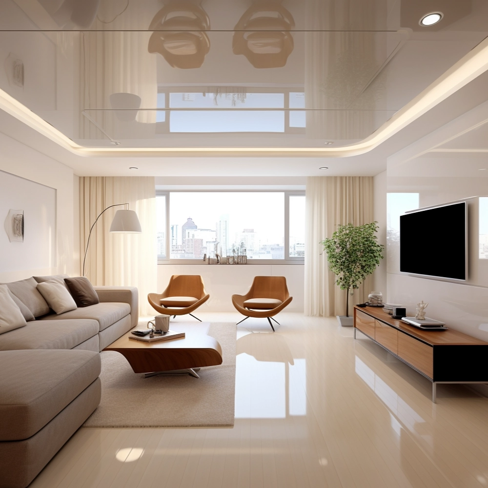 Бежевый глянцевый потолок