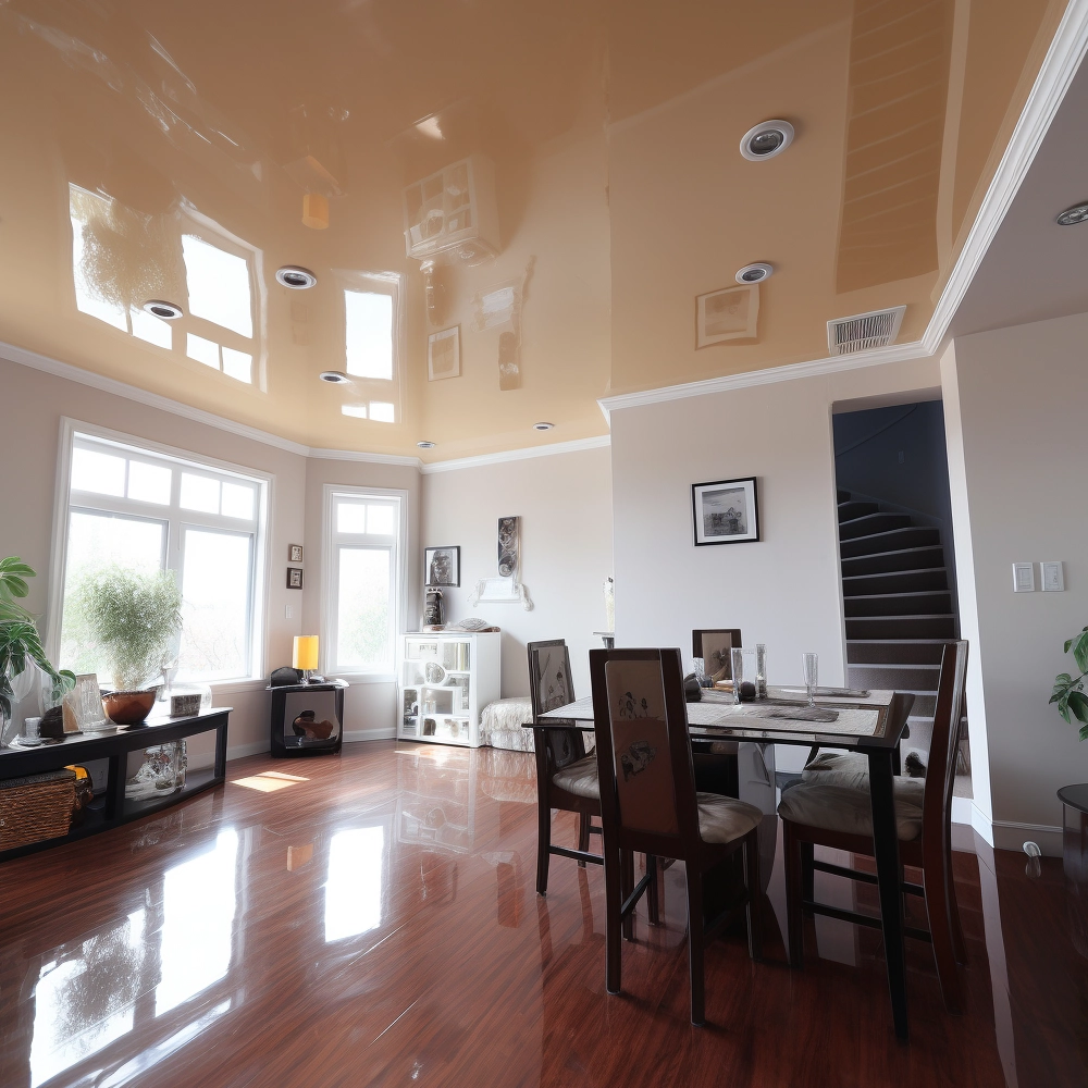 Бежевый глянцевый потолок