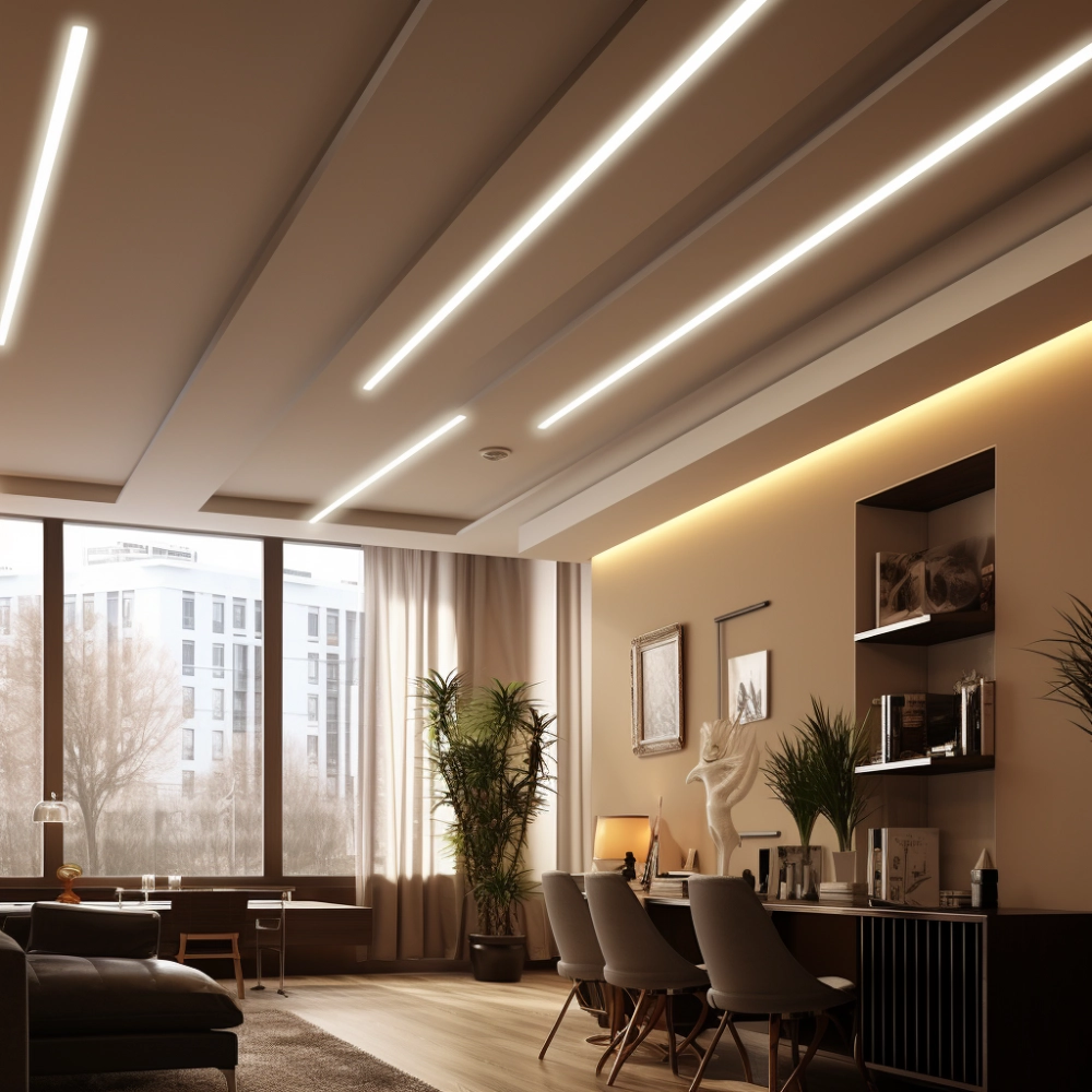 Бежевый потолок со световыми линиями
