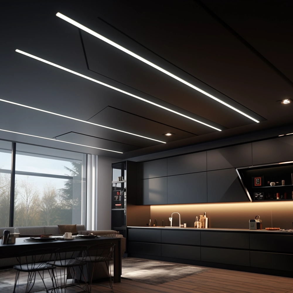 Черный потолок со световыми линиями