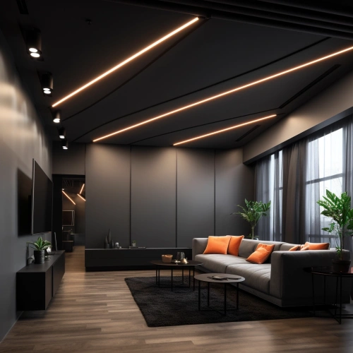 Черный потолок со световыми линиями