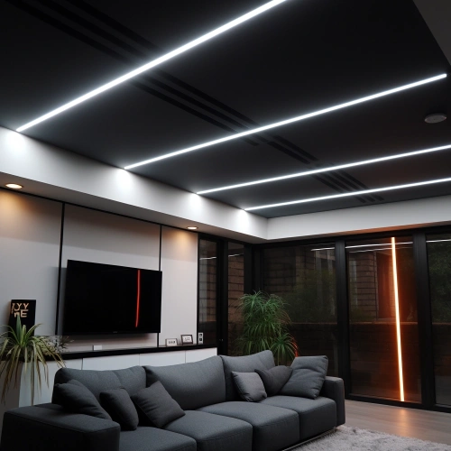 Черно-белый потолок со световыми линиями