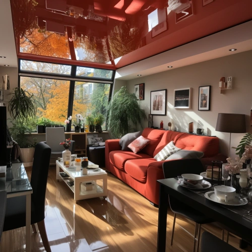 Красный глянцевый потолок